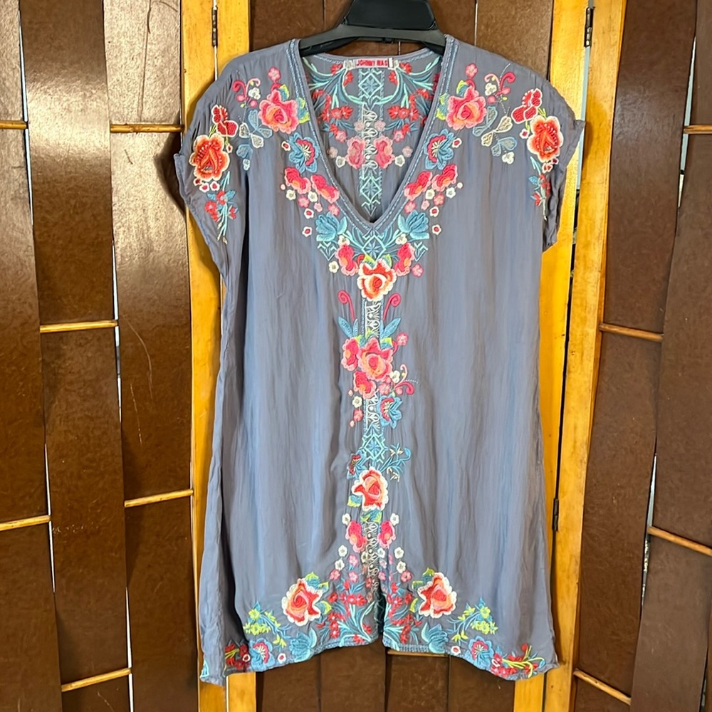 Johnny Was embroidered gray tunic.